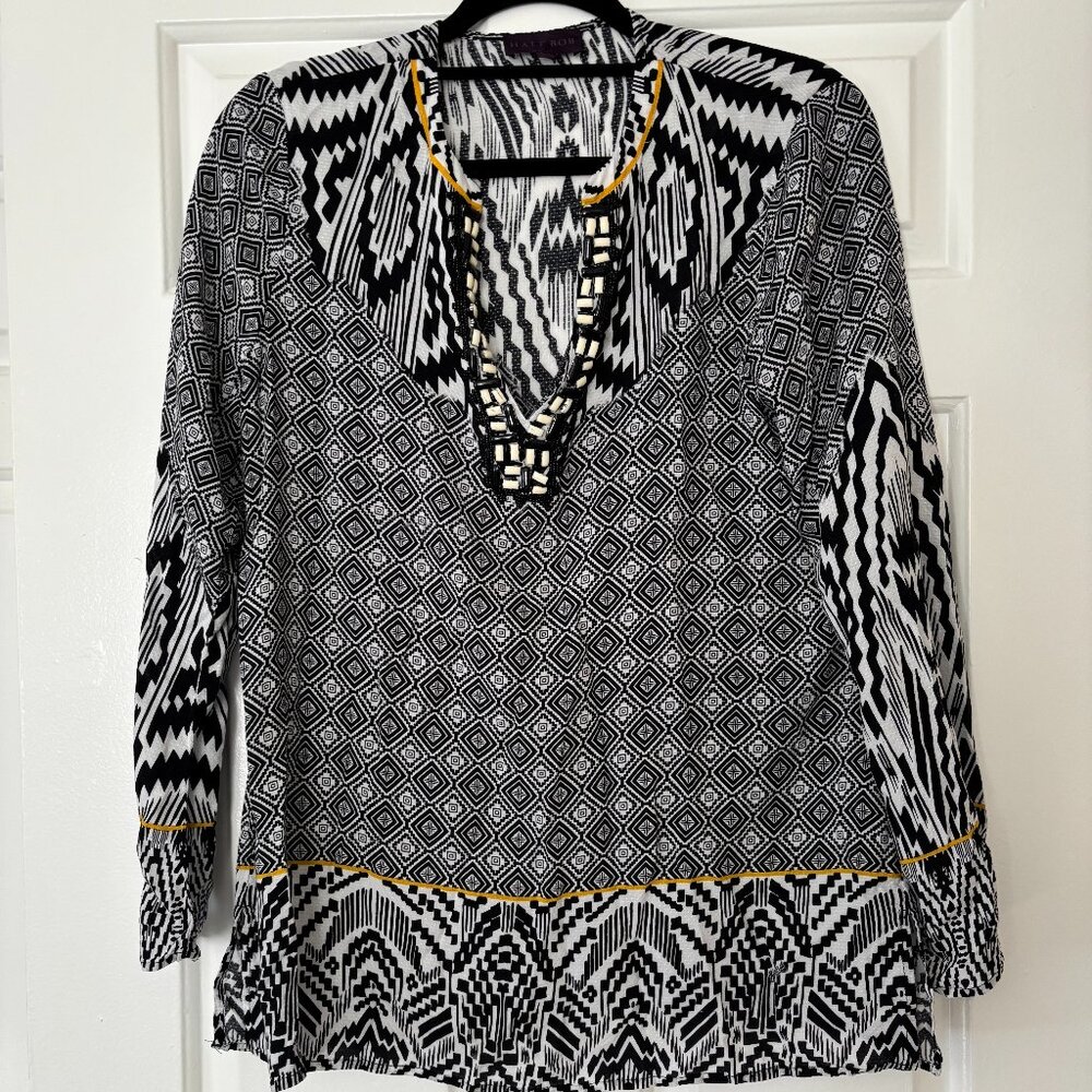Hale Bob Black & White Mixed Print Beaded Tunic Blouse - Size M - NWOT